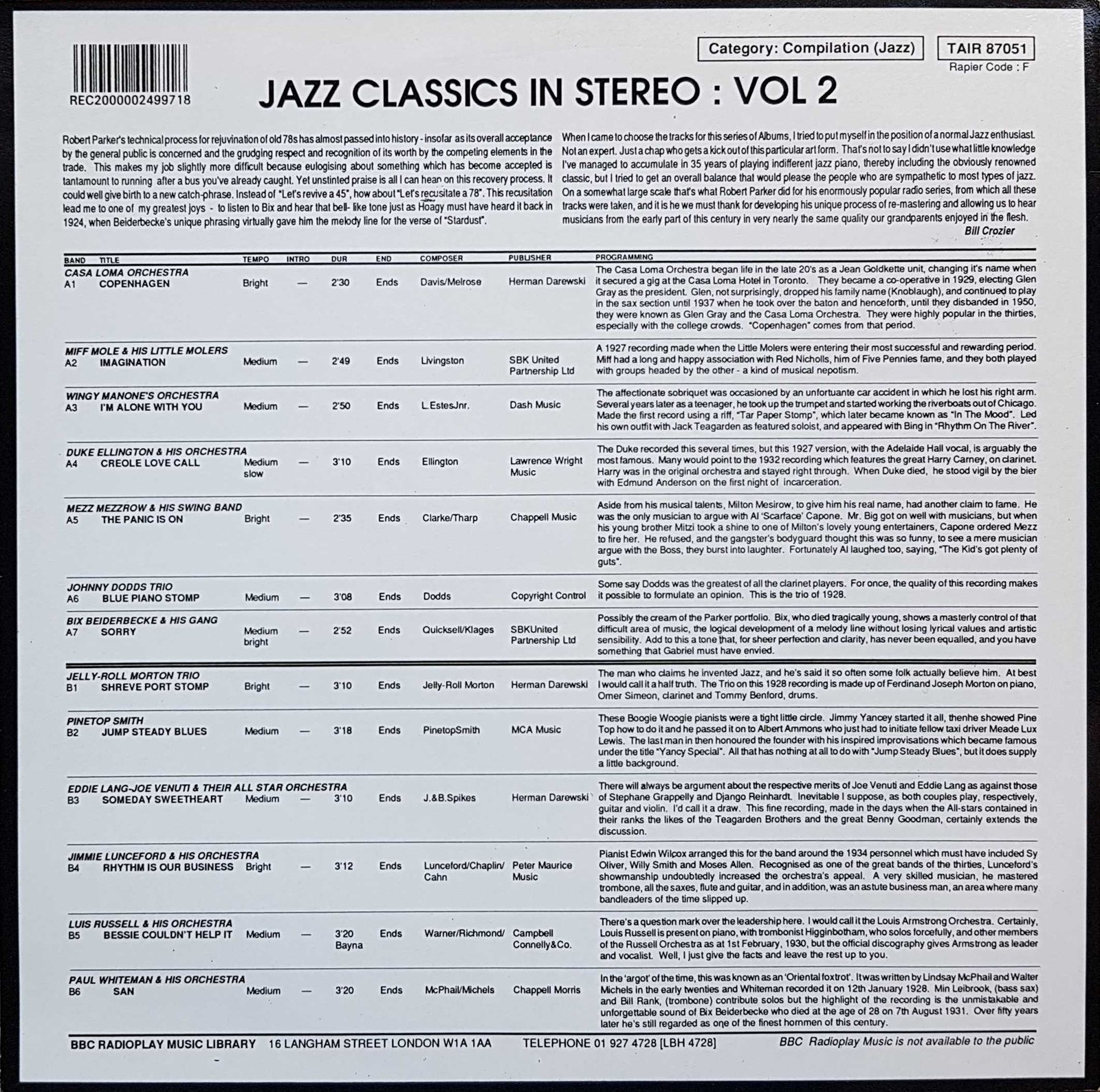 Picture of TAIR 87051 Jazz classics - Volume 2 by artist Various from the BBC records and Tapes library